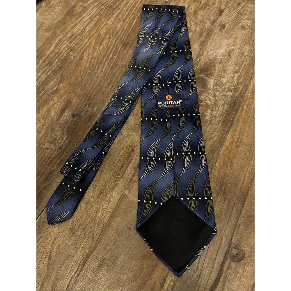 Puritan Special Edition Men's Necktie-Blue & Green Geometric Wave Pattern-U.S.A.